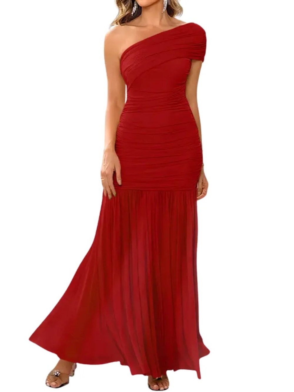 One-Shoulder Red Evening Dress with Ruched Bodice